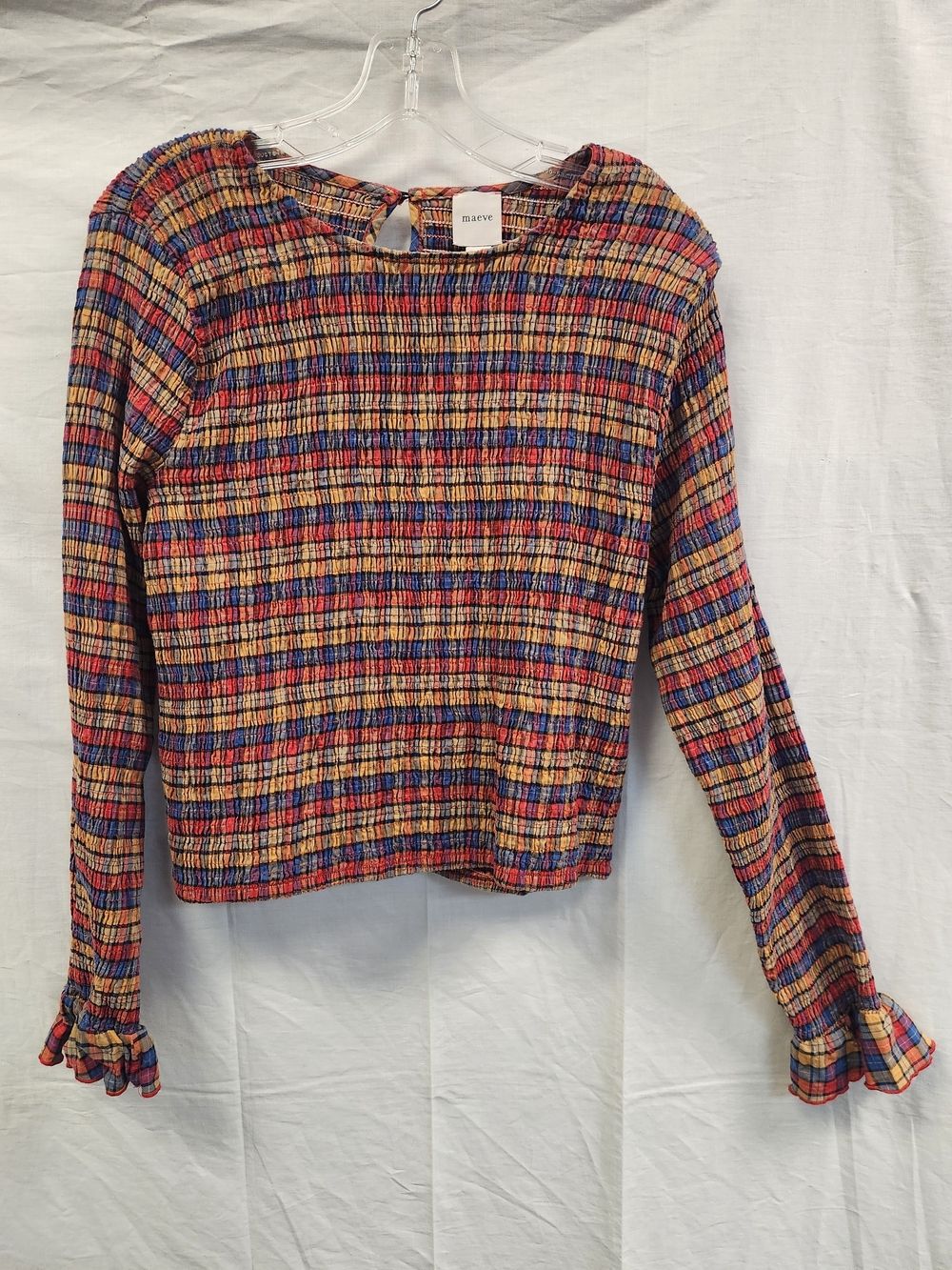 Anthropologie Maeve Ruffle Cuff Plaid Smocked Top Size XL